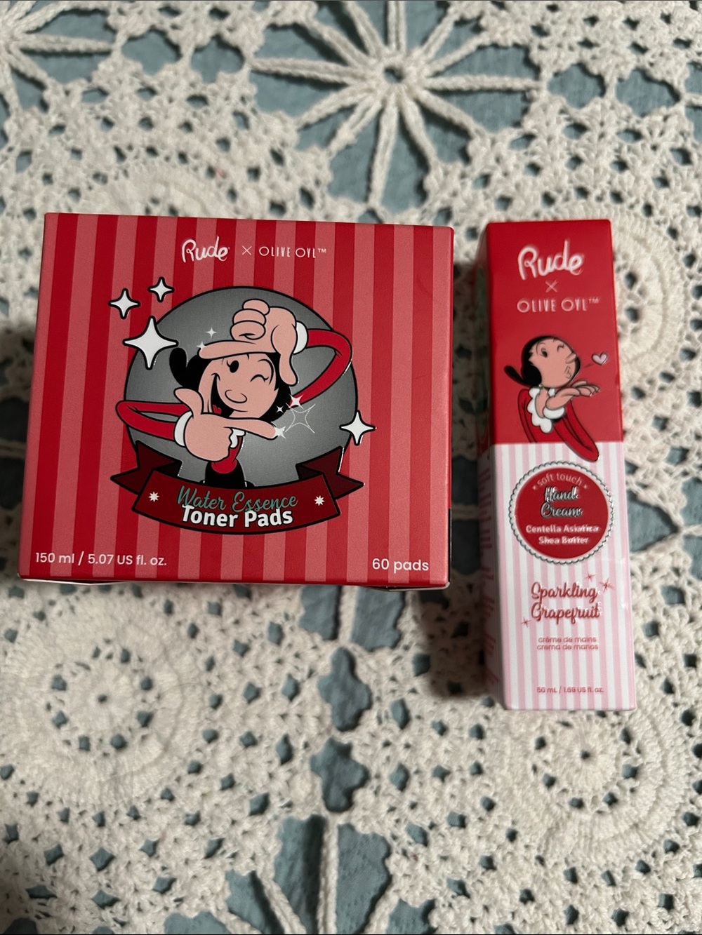 RUDE x Olive Oil Red Striped Toner Pads & Hand Cream Set